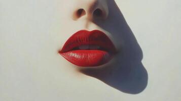 Close-up of a woman's face, highlighting her bright red lips against a smooth complexion with a dramatic light and shadow effect. photo