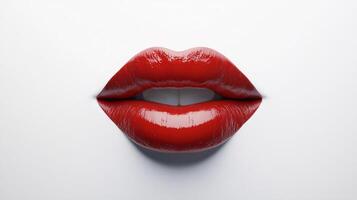 Close-up of red lips with a glossy finish, against a plain white background, emphasizing the vibrant color and smooth texture. photo