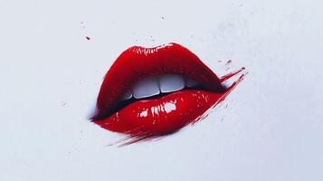 Close-up of glossy red lips with stark white teeth against a minimalist background, conveying beauty, boldness, and the power of expression. photo
