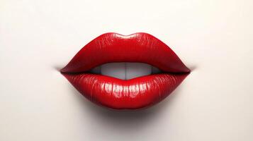 Close-up of glossy red lips slightly parted against a neutral background, showcasing a bold, confident expression and flawless texture. photo