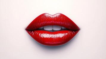 Close-up of lips with a vibrant red color, against a neutral background, emphasizing the texture and gloss of the lip color. photo