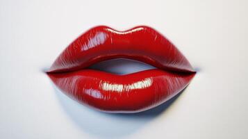 Close-up of glossy, red lips set against a stark white background, capturing a sense of elegance and seduction with their vivid color. photo