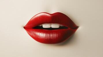 Close-up of glossy red lips parted to reveal white teeth, set against a clean, neutral backdrop. A focus on beauty and simple elegance. photo