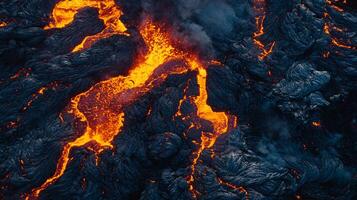 Aerial view of molten lava flowing, solidifying into rock, displaying Earth's intense natural activity. Captivating geological phenomenon. photo