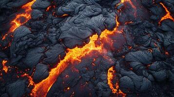 Molten lava flowing over hardened volcanic rock creating a dramatic landscape of fire and stone, extreme temperatures, and geological forces. photo