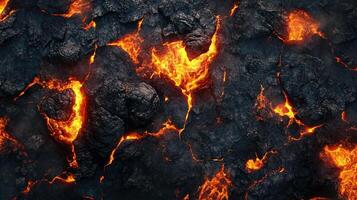 A striking abstract view, showing fiery lava erupting through cracked, cooled volcanic rock, a visual dance of destruction and creation. photo