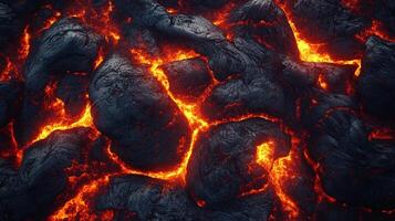 Molten rock cools into black texture as rivers of fire flow, creating stark contrast and volcanic energy. Eruptions create a hot, wild terrain. photo