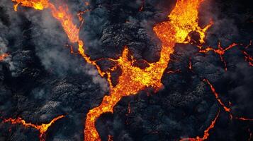 Aerial view of fiery lava flows amidst dark, hardened volcanic rock, creating a striking contrast of heat and stone, energy and stillness. photo