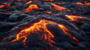 Molten lava flows across a volcanic landscape, creating a mesmerizing display of earth's raw power and geological transformation. photo