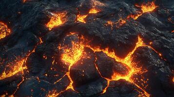 A surreal landscape of molten rock and hardened lava creates a stark contrast between vibrant heat and the dark, solid earth. photo