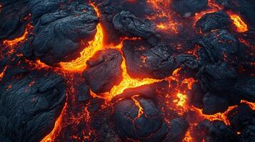 Molten rock formations cooling with glowing fissures. Texture contrast from smooth magma to rough basalt. Landscape with natural wonder. photo