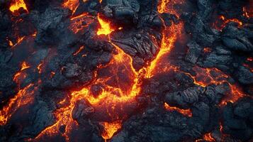 Molten lava flows across cooled volcanic rock, creating a textured landscape of fire and stone, a spectacle of intense heat and power. photo