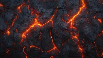 Molten rock texture reveals fiery cracks, embodying nature's raw power and dramatic geological processes with a blend of darkness and light. photo