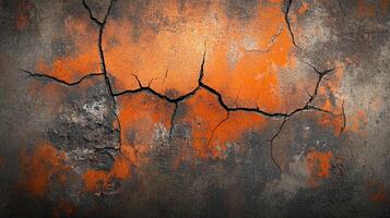 Distressed wall surface with vibrant orange patches and deep cracks. Captivating texture for backgrounds, design projects, or artistic compositions. photo
