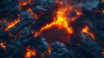 Molten lava flowing and cooling on a volcanic landscape with a dramatic display of fire and earth forces. photo
