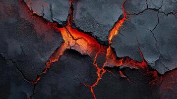 Abstract view of cracked surface with molten lava glowing through the fissures, creating a dramatic contrast. Dark stone texture. photo