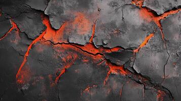 Abstract view of cracked earth surface, revealing glowing orange fissures resembling lava flow, creating a dramatic and fiery texture. photo