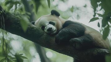 Panda taking a nap on a tree branch. The panda is relaxing outdoors in a lush forest surrounded by green foliage and dappled sunlight. photo