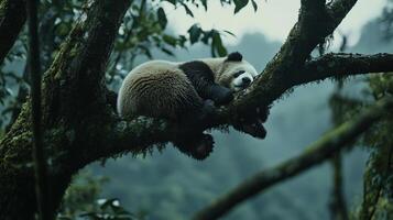 Panda taking a nap high in a tree. The panda is relaxed and comfortable in its environment. The scene is peaceful and serene. photo