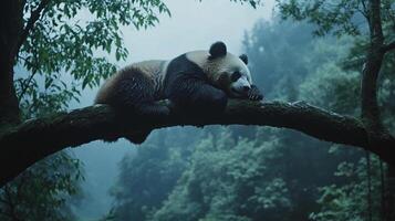 Panda resting on a tree branch in a lush, misty forest. The serene image captures the panda's peaceful moment in its natural habitat. photo
