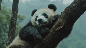 A giant panda rests comfortably on a tree branch, surrounded by a lush green forest, epitomizing tranquility in its natural habitat. photo