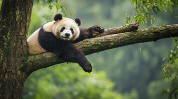 A relaxed giant panda is lounging comfortably on a tree branch, displaying a carefree attitude in its natural habitat. photo