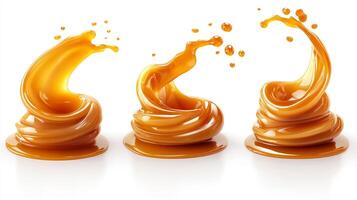 Swirling, glistening swirls of rich caramel sauce, creating a decadent visual treat on a clean, bright white background. photo