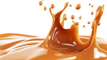 Liquid amber splash. A viscous, flowing, golden-brown substance, caught mid-air in a dynamic, crown-like eruption against white backdrop. photo