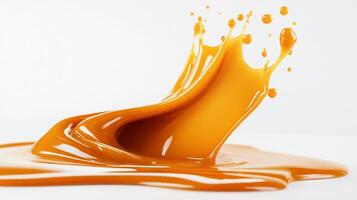 Golden liquid splash in mid-air, glossy and vibrant. Dynamic motion frozen in time, on pristine white background. photo