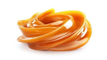 Swirl of caramel on a white surface, showcasing its smooth texture, rich color, and tempting sweetness with light reflection. photo
