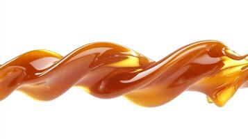 Swirling golden liquid on a white background. Abstract shot with a fluid and smooth appearance, highlighting its texture and color. photo