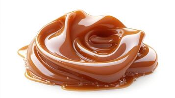 Delicious looking, shiny caramel swirl, against a plain white background. Sweet caramel candy with a rich, brown color and gooey texture. photo