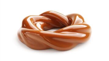 A sculptural form of liquid caramel swirls and curves, highlighted by glossy reflections on a white background. Smooth texture and light interaction. photo