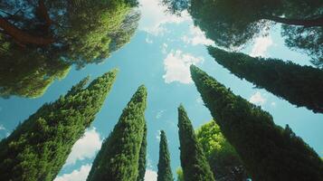 Looking up at a grove of tall, slender trees reaching towards a bright blue sky dotted with fluffy white clouds on a beautiful summer day. photo