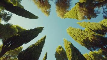 Looking up at a circle of trees against a clear sky, creating a sense of natural wonder and serenity. A calming skyward view. photo
