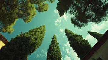 A verdant canopy against a vibrant sky, with a perspective from below, where nature meets architectural shapes and a touch of serenity. photo
