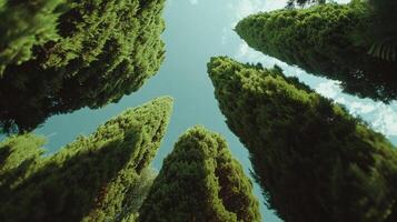 Looking up at tall, green trees under a light blue sky. A peaceful, natural scene with calming and refreshing tones. photo
