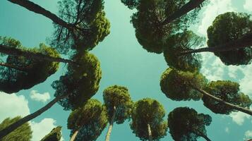 Low angle view of towering trees, their green foliage contrasting against a bright sky, creating a serene and natural ambiance. photo