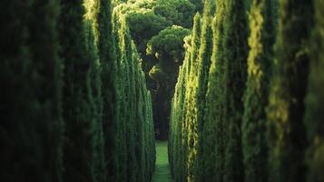 A serene path leads through towering green trees, creating a natural corridor of tranquil beauty in a lush forest environment. photo