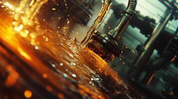 Close-up shot of lubricant flowing onto a mechanical component, highlighting the precision and fluidity in machinery operation. photo