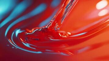 A vibrant macro shot capturing a thick, glossy red liquid being poured, creating dynamic ripples and abstract shapes under blue and red lighting. photo