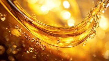 Golden liquid with suspended bubbles, exhibiting a viscous texture and an overall feeling of fluidity and movement with shimmering reflections. photo