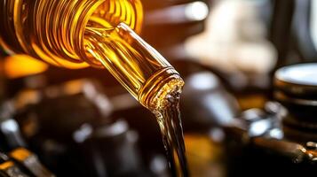 Golden liquid being poured into a dark industrial space, creating a gleaming stream of viscous fluid. photo