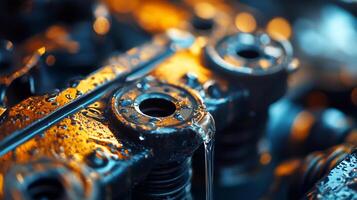 Detailed shot of a wet, metallic mechanical part, reflecting blue and orange hues, with water droplets and a stream running down. photo