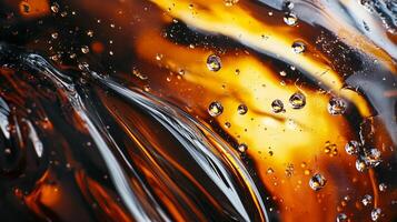 Abstract close-up of a glistening, amber-toned surface with embedded air bubbles, creating a dynamic interplay of light and shadow. photo