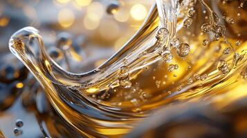 Golden liquid wave with bubbles, a mesmerizing abstract composition showcasing fluid dynamics and light interplay. Elegant and dynamic backdrop. photo