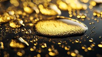 Golden water droplets on black background. Macro photograph of water droplets. Abstract wet background. photo