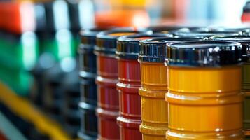 A colorful array of stacked containers. Vibrant hues and organized arrangement create a visually appealing image. Industrial design elements. photo