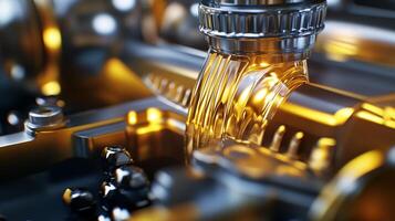 Close-up of glistening golden oil cascading over a metallic engine component, showcasing lubrication and precision in mechanics. photo