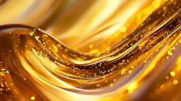 Luminous golden liquid with small suspended particles, creating a mesmerizing abstract wave effect. Translucent and captivating in its sheen. photo